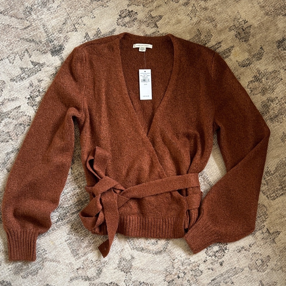 American Eagle  Rust Wrap Sweater with Tie Belt